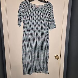 LuLaRoe "Julia" Blue, Green, and White Patterned Midi Dress
